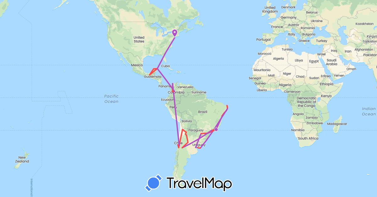 TravelMap itinerary: driving, train, hiking, boat in Argentina, Brazil, Chile, Colombia, Mexico, United States, Uruguay (North America, South America)